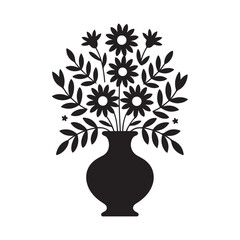 Elegant floral arrangement of daisies and leaves within a decorative black vase. Vector black silhouette. with white background.