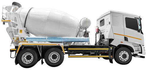 Side view white cement mixer truck