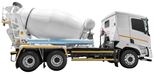 Side view white cement mixer truck