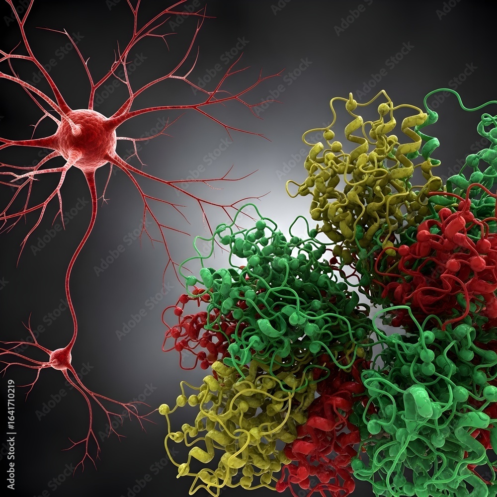 Poster 3d rendering of a neuron communicating with a complex protein structure in a dark background