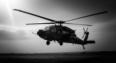 Military Helicopter in Flight Against Dramatic Sky