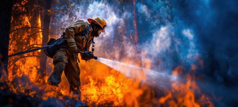 The firefighter combats raging flames in a dramatic forest wildfire scene.