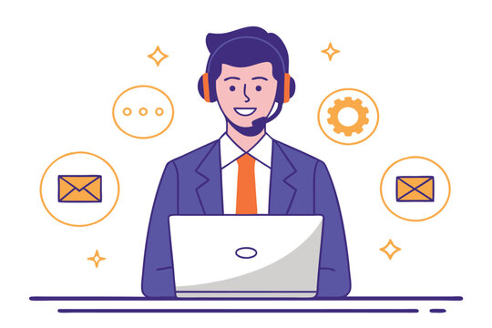 Man with headset and laptop surrounded by communication icons