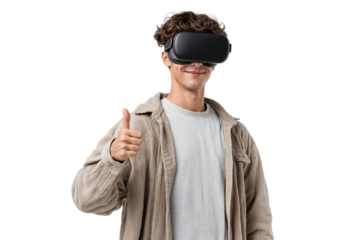 Young man smiling and giving thumbs up while wearing a VR headset