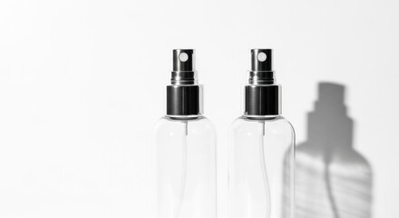 Naklejka premium Pair of transparent cosmetic spray bottles with silver and black tops, with a strong shadow on a white surface.