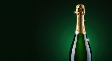 Close-up of a sparkling champagne bottle with gold foil against a rich, dark green background for celebrations.