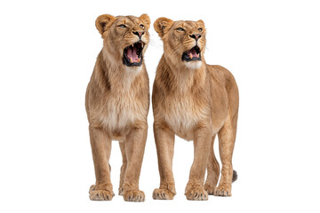 Obraz premium Two adult lionesses standing side by side with mouths open