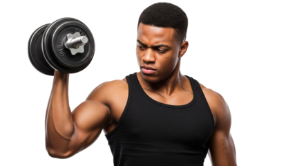 Athletischer schwarzer Mann mit Hantel, transparenter Hintergrund, PNG