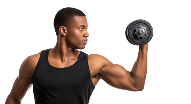 Athletischer schwarzer Mann mit Hantel, transparenter Hintergrund, PNG - Powered by Adobe