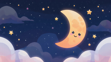 Fototapeta premium Cute cartoon moon and stars in the night sky