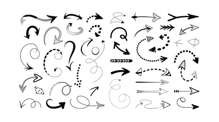 Assorted Hand-Drawn Black Arrows: Illustration of Directional Symbols in Various Styles, Including Curve, Straight, and Dotted Line Variations on White Background