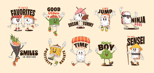 Y2K groovy sushi and roll characters stickers of Japanese food personages, cartoon vector. Y2K groovy sushi stickers of characters with funny faces, happy wasabi and ninja sushi with chopsticks © Buch&Bee