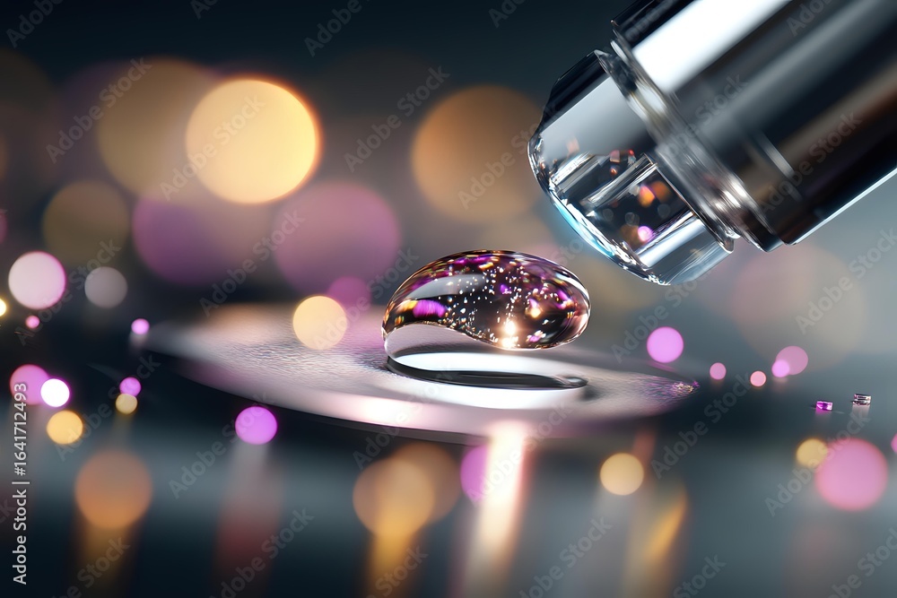 Poster macro photography of water drop with colorful bokeh reflections and metallic surface creating artist