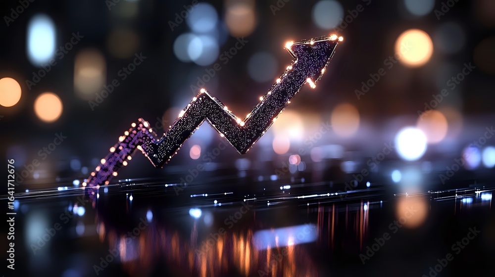 Poster glowing digital arrow graph trending upward with sparkle effect on dark background with bokeh lights