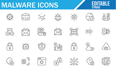 Collection of security and malware detection icons for IT and cybersecurity designs.