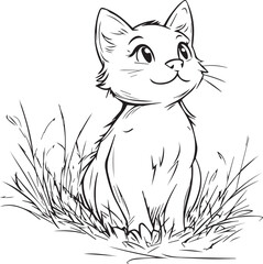 Coloring for children, cat sitting in the grass, vector.