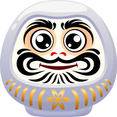 Cartoon white Japanese daruma doll with expressive eyes, smile and traditional facial ornaments. Isolated vector decorative souvenir, Asian symbol of motivation, perseverance and luck in japan culture