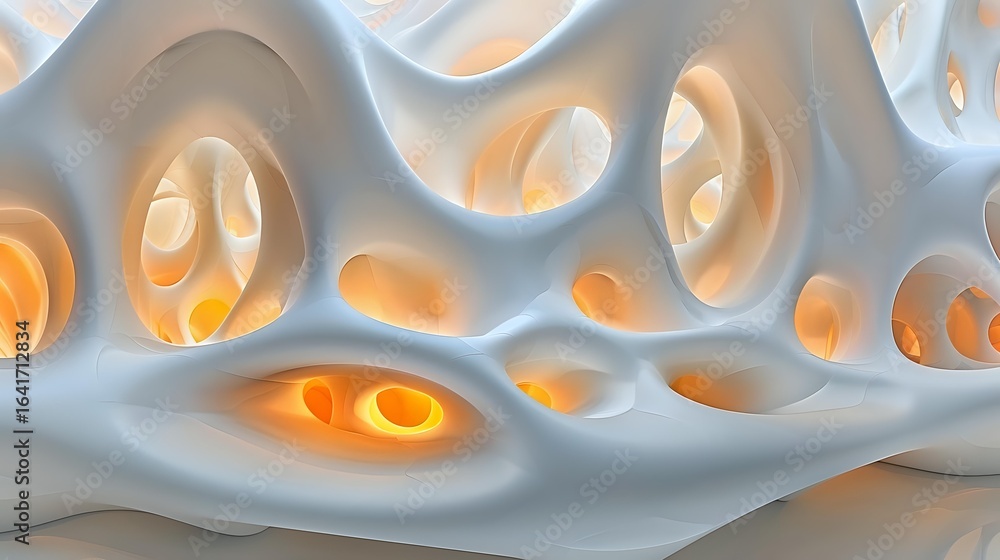 Poster organic cellular structure with glowing orange light shining through white perforated surface create