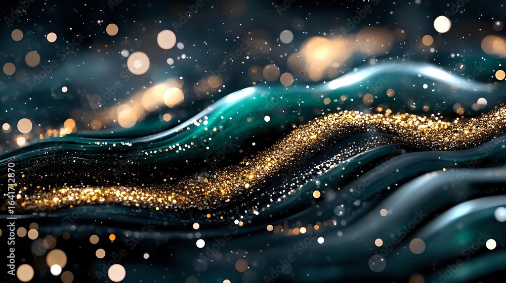 Poster magical turquoise and gold glitter waves flow through dark space with shimmering bokeh lights and sp