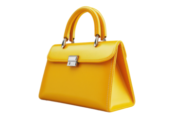 Stylish yellow handbag with textured finish isolated on transparent background. Yellow handbag with a handle and front clasp isolated on white background, 3d rendering.