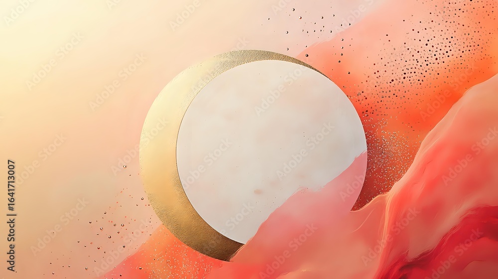 Poster glowing moon phase in coral and peach tones with ethereal flowing smoke effect and sparkling particl