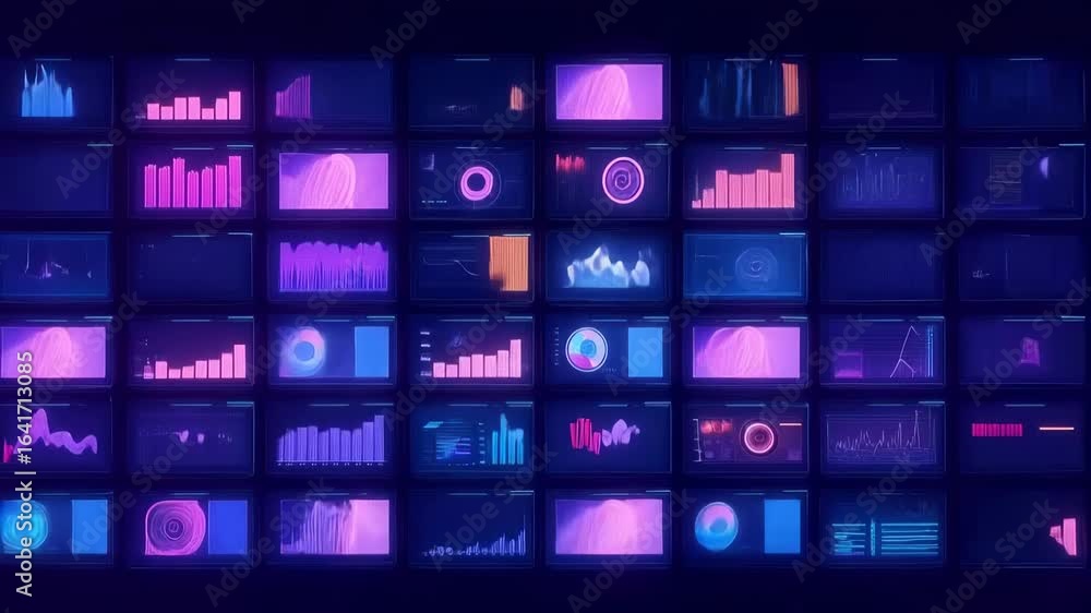 Poster grid of digital screens displaying various data visualization elements including bar graphs, circula