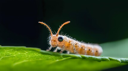 Macro photography of orange and white caterpillar with distinctive bristles and antennae resting on bright green leaf against dark background, showing fine details and texture.