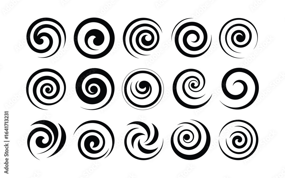 Poster abstract vector black and white spiral shapes collection: a set of fifteen distinctive circular and 