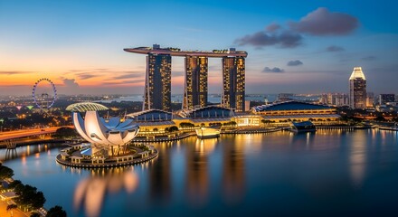 Singapore Skyline at Dusk: Marina Bay Sands, ArtScience Museum, and Iconic Ferris Wheel