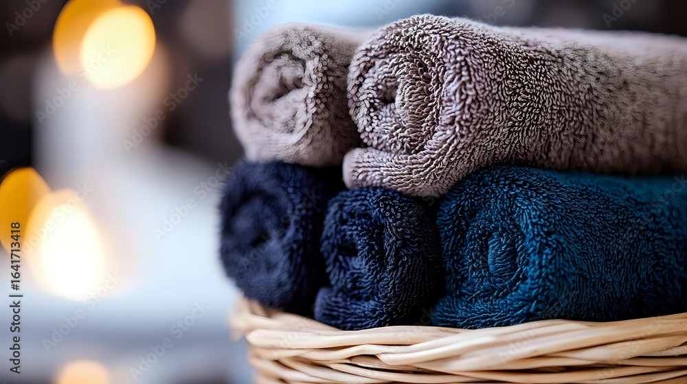 Poster neatly rolled colorful bath towels stacked in wicker basket with soft bokeh lights background creati