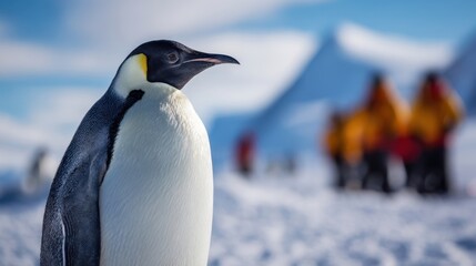 Fototapeta premium The solitary emperor penguin standing majestically in a snowy landscape.