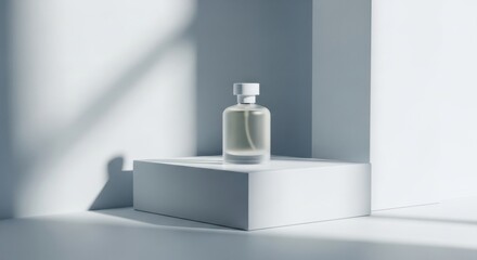 An architectural display with a frosted glass cosmetic bottle on a white pedestal, for a luxury brand presentation.