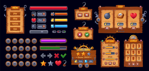 Pirate and corsair arcade game interface elements, GUI frames and icons asset. Vector old wood boards, menu screen banners, interface buttons and game level score sign with cartoon pirate ship objects