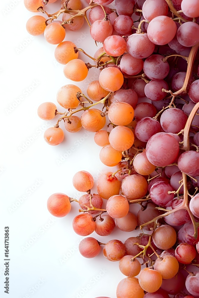 Poster fresh red and pink grape clusters on white background, close-up view showing natural texture and gra