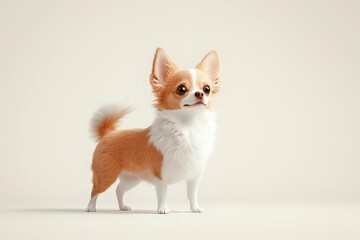 Adorable long-haired Chihuahua puppy with brown and white fur standing alert against neutral background, suitable for pet care advertising and animal portraits.
