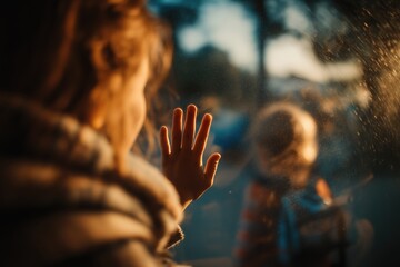 Woman waving through car window reflection showing child with backpack at school entrance