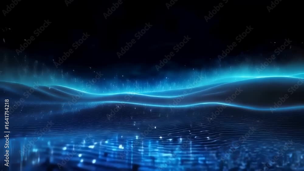 Poster abstract blue technological background with wavy digital terrain, glowing particle streams, and inte