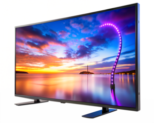 Modern television screen displaying a vibrant sunset landscape with purple light accent isolated on transparent background