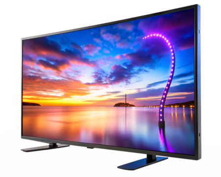 Modern television screen displaying a vibrant sunset landscape with purple light accent isolated on transparent background - Powered by Adobe