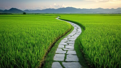 A Stone Path Winds Through Lush Green Rice Paddies Towards Distant Mountains