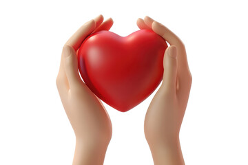 Fototapeta premium Two gentle hands holding a red heart isolated on transparent background. Two hands holding a red heart symbolizing love care and protection isolated on white background.
