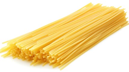 Close-up of uncooked spaghetti pasta neatly arranged on a pure white background