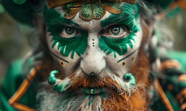 Close up portrait of person with emerald green fantasy makeup, white face paint, intricate feather patterns around eyes, and ginger beard in mystical carnival style.