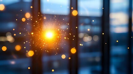 Fototapeta premium Glowing sparkler emits bright golden light against blurred window background with bokeh effect, creating magical festive atmosphere at dusk.