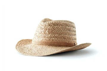 Traditional woven straw cowboy hat with braided band detail isolated on white background, ready for design use in western and summer lifestyle projects.