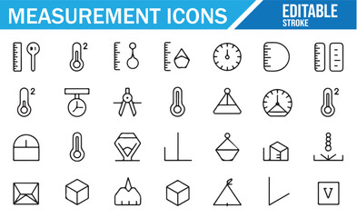Vector set of icons representing measurement instruments like thermometers, rulers, and gauges.