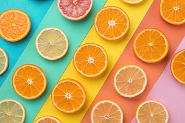 Obraz premium Fresh Citrus Slices Arranged on Vibrant Colored Background for Decoration