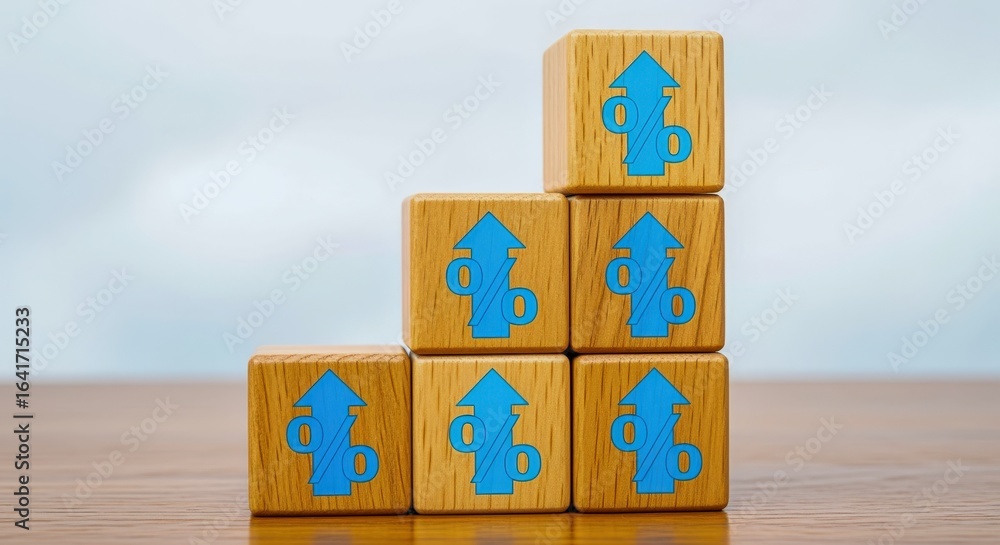 Poster wooden blocks stacked to show growth and progress with upward arrows on a light background