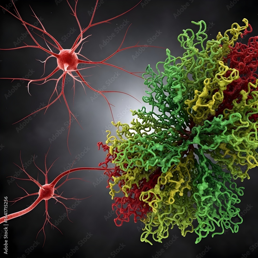 Poster abstract representation of neurons interacting with a complex protein molecule in a scientific illus