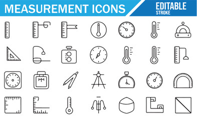 Set of icons for measurement tasks, including rulers, clocks, and thermometers.